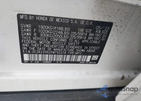 2023 Honda Hr-V Awd Sport from USA, damaged, VIN 3CZRZ2H52PM750378